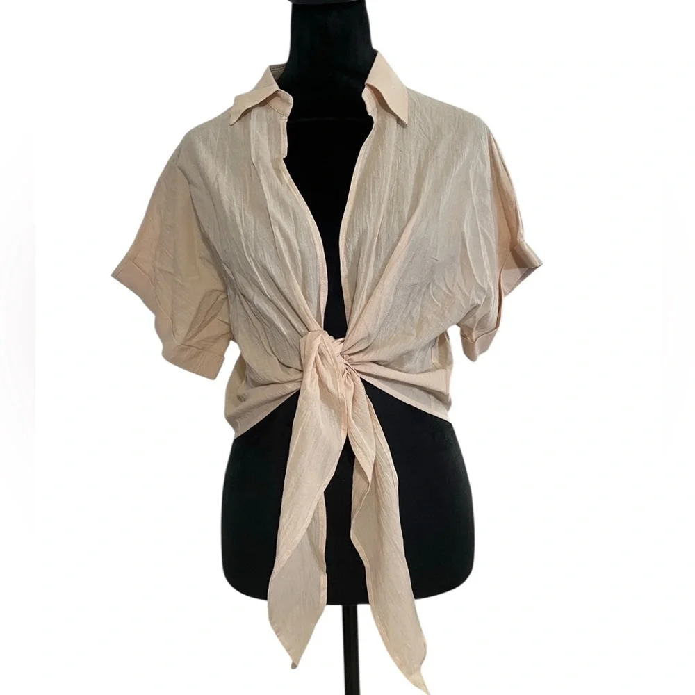 Summer Crop Top Short Sleeve Deep V Neck Sexy Front Tie Blouse,Peach,Large,New - Picture 6 of 6